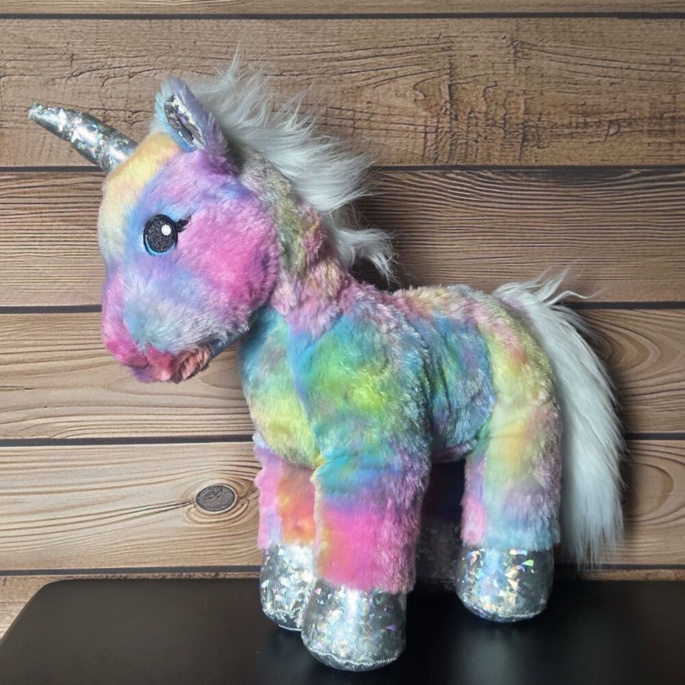 Build A Bear UNICORN Rainbow Tie-Dye 16" Plush Silver Glitter Hooves Mane BAB